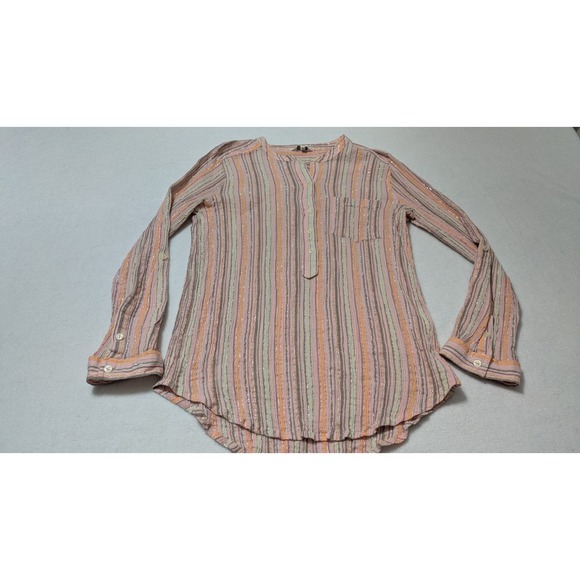 Lucky Brand Tops - Lucky Brand Womens Top Large Pink Orange Metallic Striped Cotton Shirt Popover
